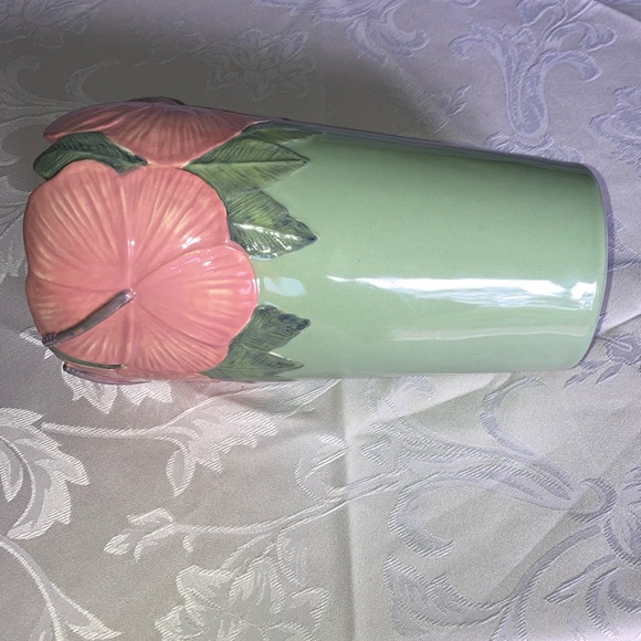 WHITNEY SMITH POTTERY tall vase w/ pink hibiscus, green leaves  $39 - Picture 3 of 6